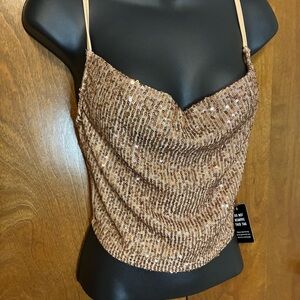 Express Shimmering Beige Sequin Cowl Neck Cropped Cami Size XS